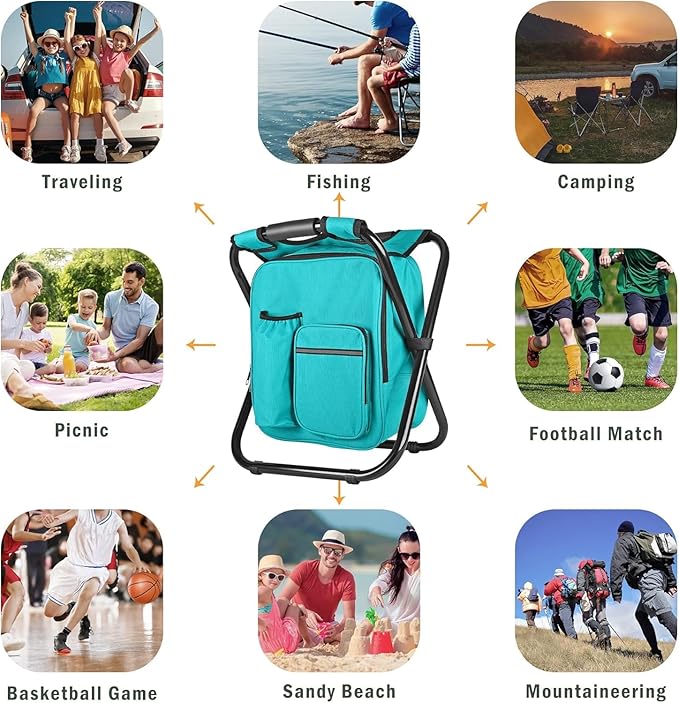 Kikerike Backpack Stool Cooler Chair Heavy Duty 300 LBS Max Load Portable Lightweight Stool Backpack Folding Fishing Cooler Seat for Camping Hunting Fishing - Blue-Green