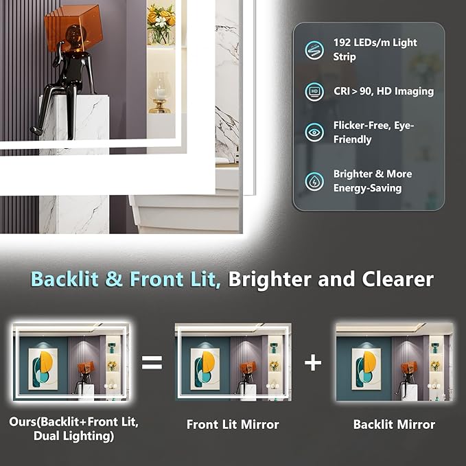 48x28 LED Bathroom Mirror with Lights, Backlit and Front Lit Anti-Fog Lighted