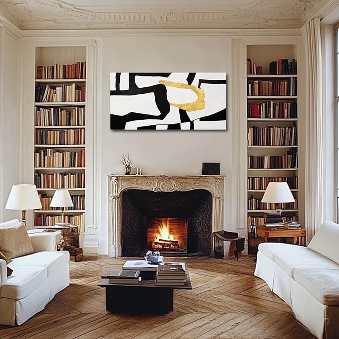NBAODAN Black and White Wall Art Abstract Wall Decor Geometric Canvas Poster Large Wall Painting 24"x48" Gold Pictures for Office Dining Room Bedroom