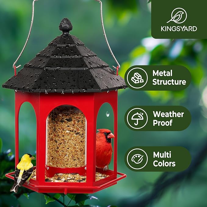 Kingsyard Metal Bird Feeder for Outdoors Hanging, 3 lbs Seed Feeder, Wild Bird Feeders for Garden Cardinal Finch Bluebird, Easy to Fill & Clean, Red