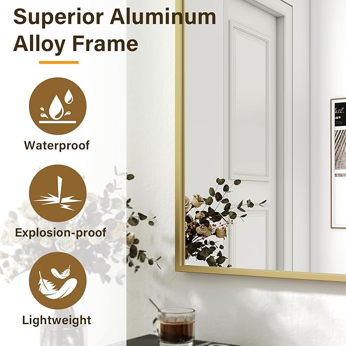 HARRITPURE 30"x20" Rectangular Bathroom Mirror Vanity Wall Mirrors Aluminium Alloy Frame Wall-Mounted for Over Sink Entryway Bedroom Living Room Gold