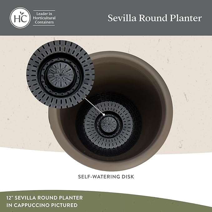 The HC Companies Sevilla Flower Planters - Durable Outdoor & Indoor Planter - Round Lightweight Self Watering Plant Pots for Herbs & More (12" Cappuccino, Pack of 1)