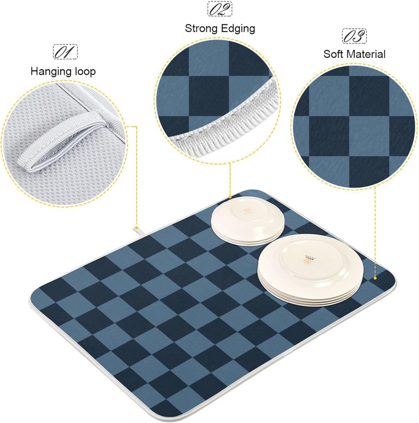 Buffalo Plaid Navy Blue Dish Drying Mat for Kitchen Countertop 18x24 Chessboard Rectangle Large Drying Mat Reusable Quick Dry Dish Sink Absorbent Mats Dishwasher Easy Clean Decorative Home Essentials