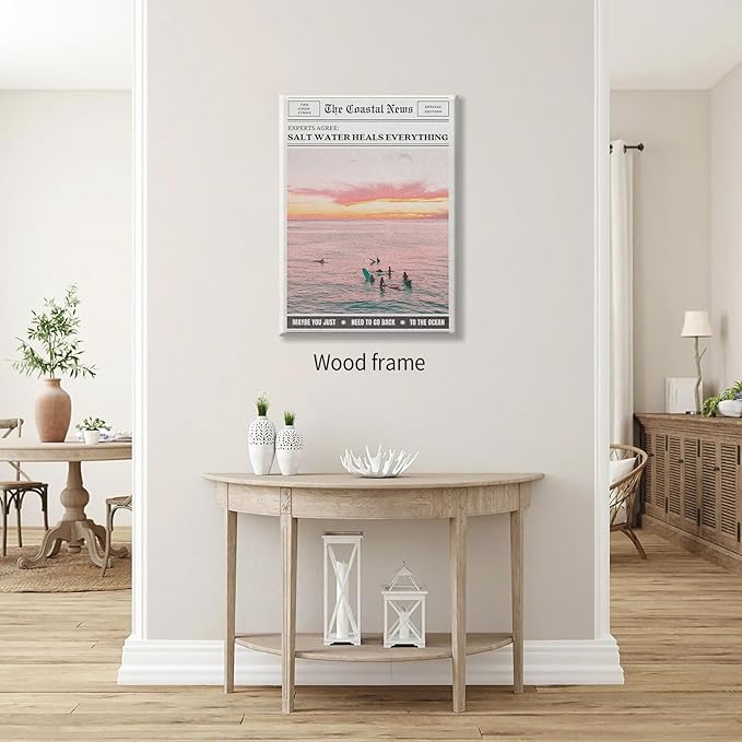 Pink Beach Newspaper Posters Vintage Fashion Coastal Girl Surf Wall Art 16X24