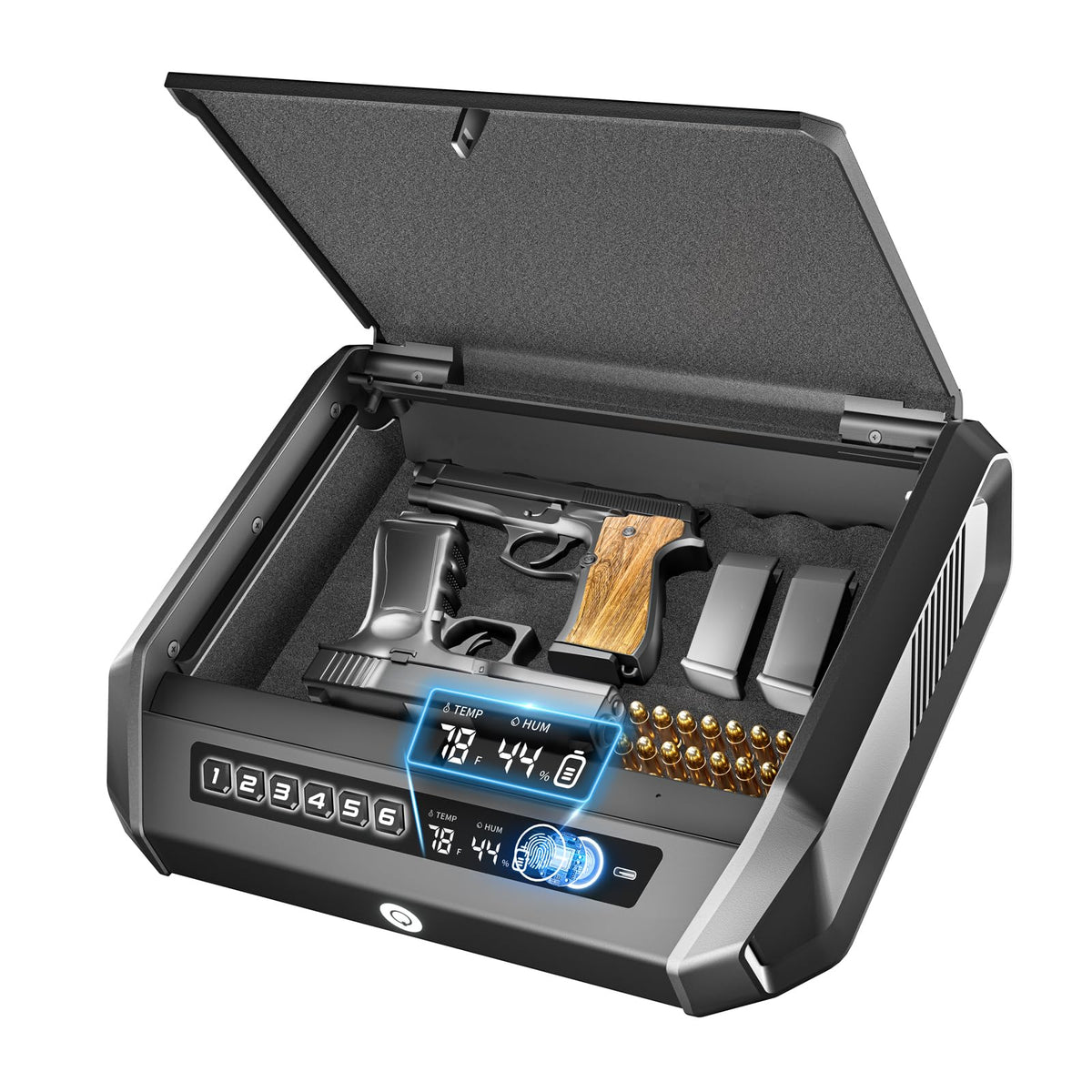 TOPMEDA Gun Safe with LCD Display, ≤0.1s Quick Access Large Handgun Safe for Pistols, Hand Gun Lock Box with Fingerprint, Keypad, Key, Car, Home, Bedside, Nightstand, AA Battery Emergency Power