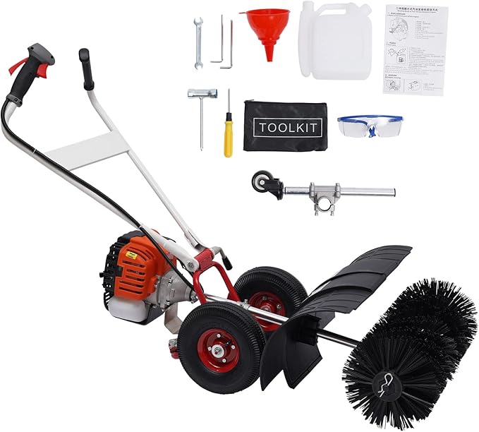 Gas Power Broom Sweeper 52CC 2.5HP Powered Brush Sweeping Broom Walk-Behind Outdoor Hand Push Sweeper for Lawn Leaf Snow Artificial Turf Grass Gravel Cleaning
