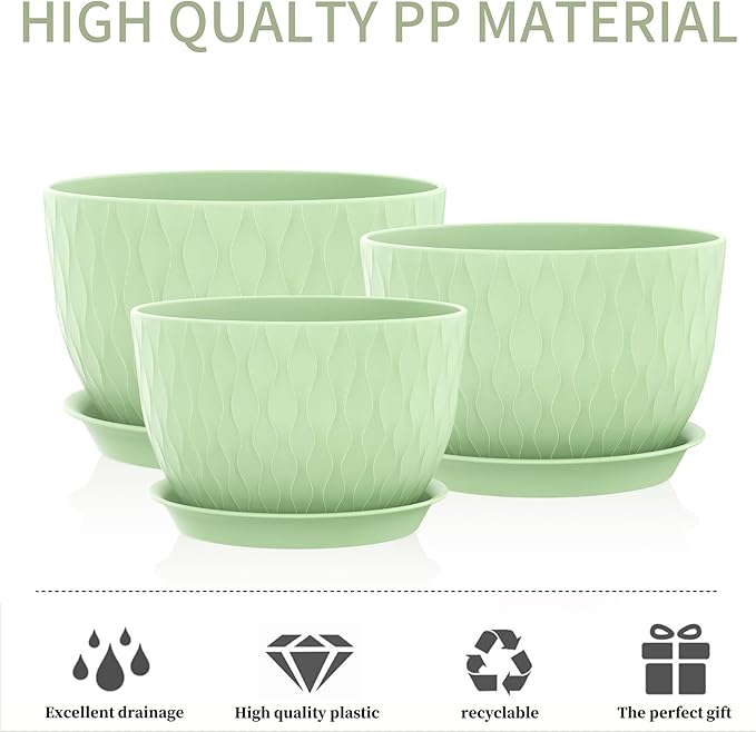 12/10/9 Inch Plant Pots, 3 Pack Large Flower Pots for Indoor and Outdoor Plants with Water Ripples, Large Plastic Flower Pots with Drainage Holes and Tray for Garden Indoor Plants
