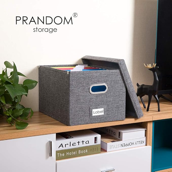 PRANDOM File Organizer Box - Set of 4 Collapsible Decorative Linen Filing Storage Hanging File Folders with Lids Office Cabinet Letter/Legal Size Grey 17.1x14x11.1 inch