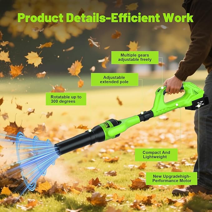 Roof Gutter Cleaning from The Ground, 21V Leaf Blowers Cordless with 2 Battery, Adjustable Pole (98inch)3 Speed Modes 500CFM/180MPH for Gutter Cleaner Extension Attachment Kit for Garden,House