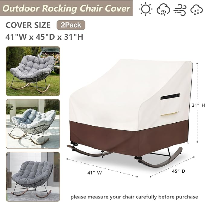 Outdoor Rocking Chair Cover 2 Pack,600D Heavy Duty Waterproof Patio Egg Rocking Chair Covers,for 41" W x 45" D x 31" H Outdoor Papasan Rocking Chair Beige