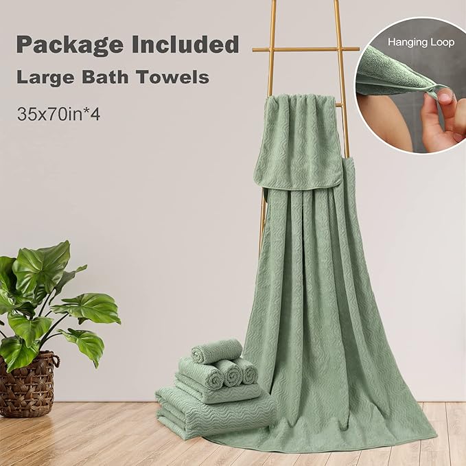 Green Bath Towel Set of 4, 35x70 Inches Oversized Bath Towels Extra Large Microfiber Shower Towels Textured Ultra Soft Absorbent Quick Dry Towel Bath Sheets for Adults Bathroom Hotel Spa