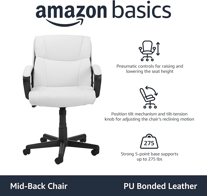 Amazon Basics Office Task Chair with Adjustable Height, 360° Swivel, Padded Armrests, Mid-Back, 275 Pound Capacity, BIFMA Certified, 24.2"D x 24"W x 38.6"H, White Faux Leather