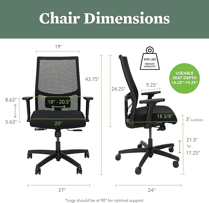 HON Ignition 2.0 Mid Back Task Chair, Spectrum Mesh, Standard Synchro-Tilt Control, Office Chair with Lumbar Support, Height and Width Adjustable Arms, Black Frame, Pear