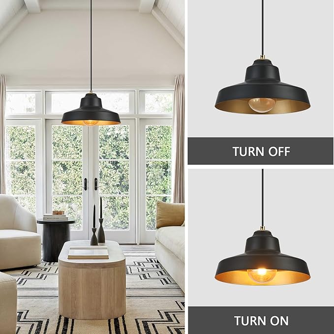 12 Inch Black Pendant Light Fixture,Farmhouse Hanging Lamp Adjustable Height Dome Pendant Lights for Kitchen Island Dining Room,2 Pack