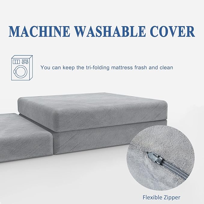 SINWEEK Tri Folding Mattress Foam Topper 4" Thickness Floor Cot Mattress, Guset Bed with Removable&Machine Washable Cover and Lining, CertiPUR-US Certified 38 x 80 Inch