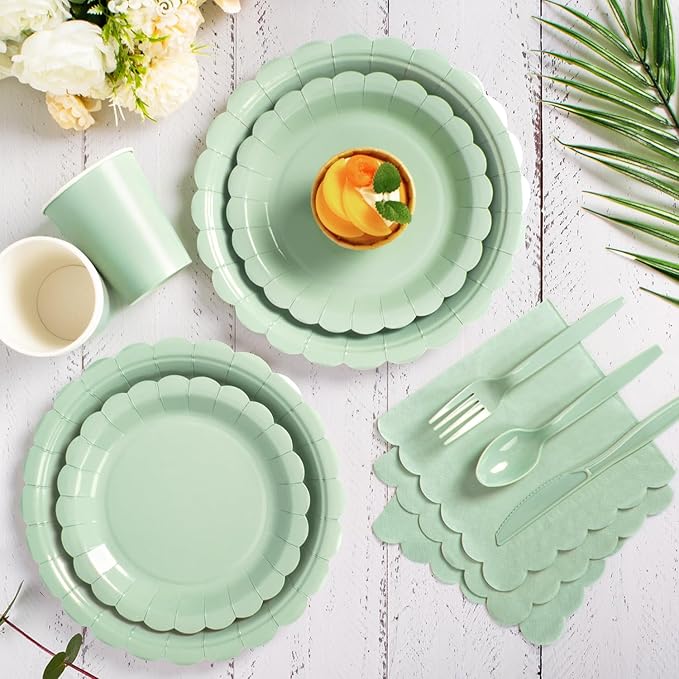 Vyntra 350 PCS Disposable Plates for Boho Party, Paper Plates & Napkins Set with Cups, Knives, Forks, Spoons, 7'' Dessert and 9'' Dinner Plates for Wedding, Baby Shower, Birthday - Sage Green