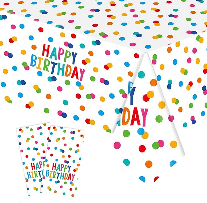 2 Packs Happy Birthday Tablecloth Plastic 54 X 108Inch, Birthday Party Decorations Table Cloth Disposable Colorful Rainbow Dots Birthday Table Cover for Boys Girls Birthday Party Supplies (Birthday)