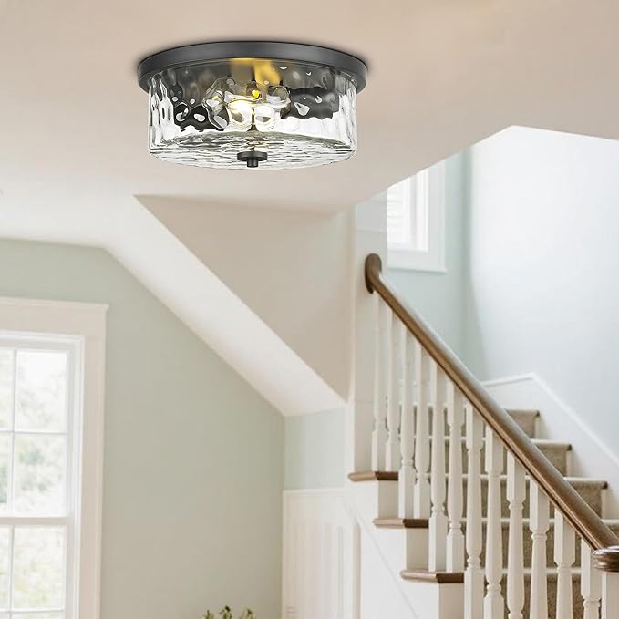 Modern Flush Mount Light, Farmhouse Close to Ceiling Lighting, Hammered Glass Light for Bedroom, Living Room, Kitchen Island (Black, 13" D)