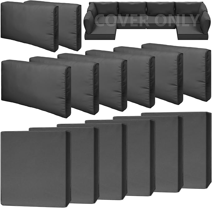 14 Piece Outdoor Patio Waterproof Cushion Covers, Fits 6-Seat Wicker Rattan Sectional Couch Chair Furniture Cover Replacement Set - Fade-Resistant Patio Cushion Covers with Zipper