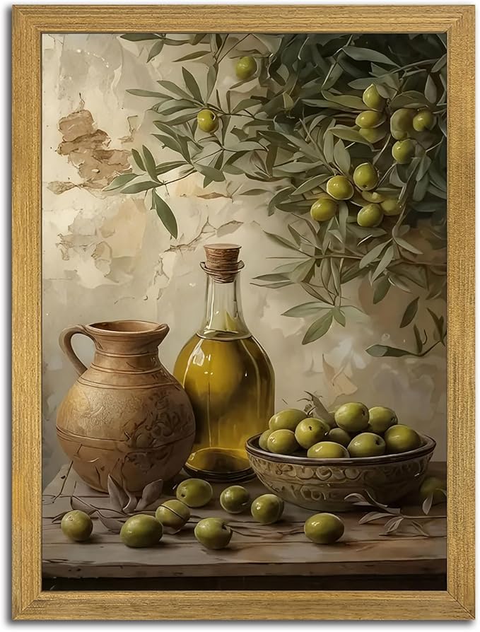 Wood Framed Olive Kitchen Wall Art, Vintage Rustic Still Life Canvas Print