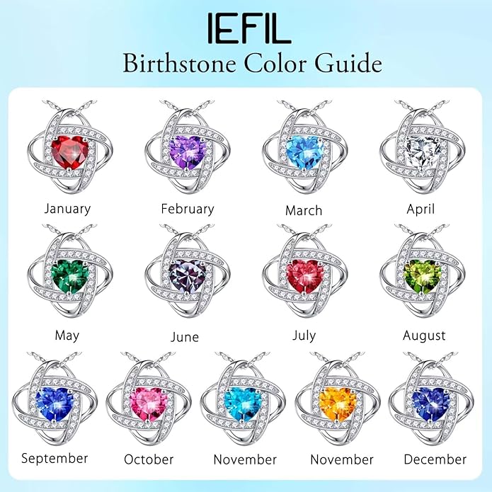 Iefil 925 Sterling Silver Love Knot Birthstone Necklace, Natural or Created Gemstone, Anniversary Birthday Gifts for Women, Jewelry Gifts for Wife Mom Girlfriend