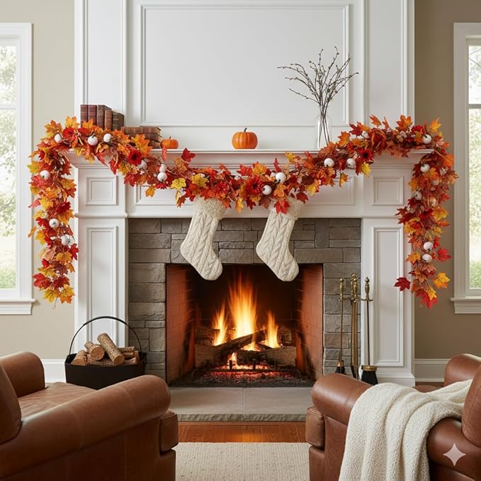 3 Pack Fall Garland for Mantle - 5.6Ft Artificial Maple Vine with Pumpkins & Sunflowers, Autumn Fall Decor for Fireplace Thanksgiving Halloween Wedding Farmhouse Indoor Outdoor Porch Decoration