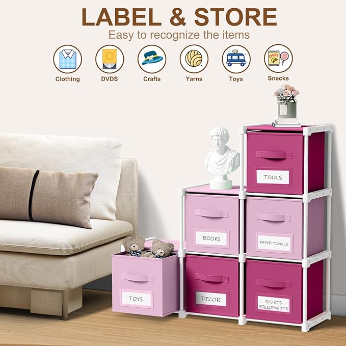 Geelin 6 Sets Cube Storage Organizer Bins with Shelf & Labels 11 Inch, Fabric Collapsible Cubby Toys Clothes Storage Drawer Unit for Daycare Nursery Playroom Bedroom Dorm Organizer (Pink Mix)