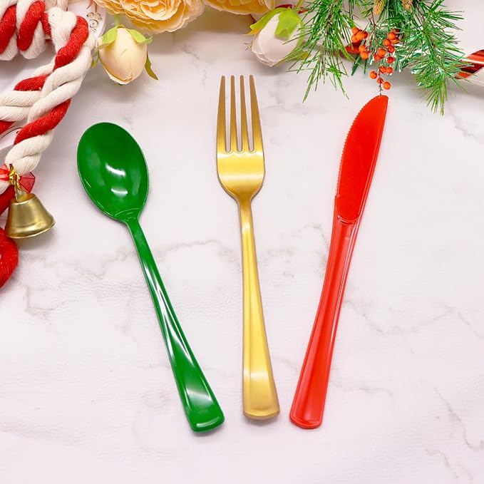 153 Pcs Christmas Plastic Silverware Heavy Duty Disposable Tableware Sets Includes Spoons Forks Knives for Christmas Party Supplies (Red Green Gold)