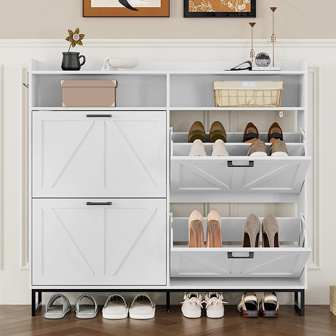Shoe Cabinet with 4 Flip Drawers Narrow Shoe Storage Cabinet Organizer Wooden Freestanding Shoe Rack Hidden Slim Shoes Storage Cabinet for Entryway, Hallway, Living Room, Bedroom
