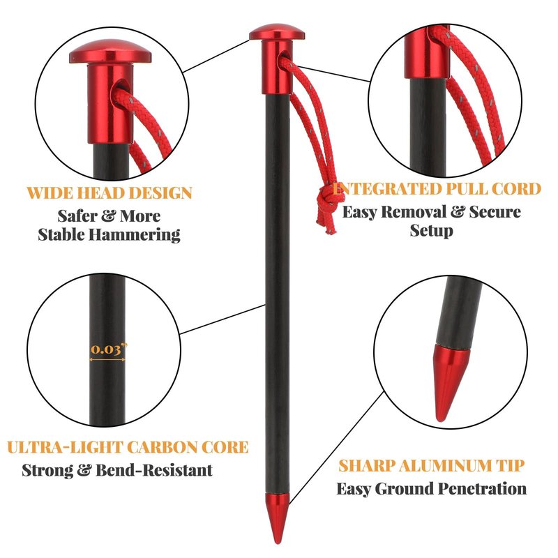 CraftyDream 6 Pack Carbon Core Tent Stakes 6 Inch Ultralight Carbon Camping Stakes with Aluminum Shell Tent Pegs with Nylon Cord for Backpacking Hiking (Red)