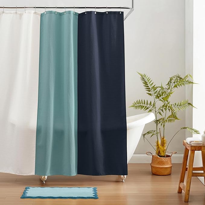 MONDAY MOOSE Bath Mat with Scalloped Wavy Ripple Design, Microfiber Absorbent Non Slip Tufted Rug for Floor, Shower or Kitchen (20x32 inch, Blue)
