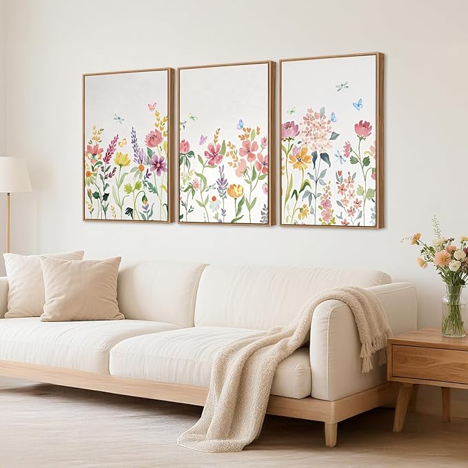 CHDITB Colorful Floral Framed Wall Art, Watercolor Flowers Wall Decor, Butterfly Flower Pictures Minimalist Wildflower Painting, Modern Home Art Prints for Girls Bedroom Living Room Office 24"x36"x3