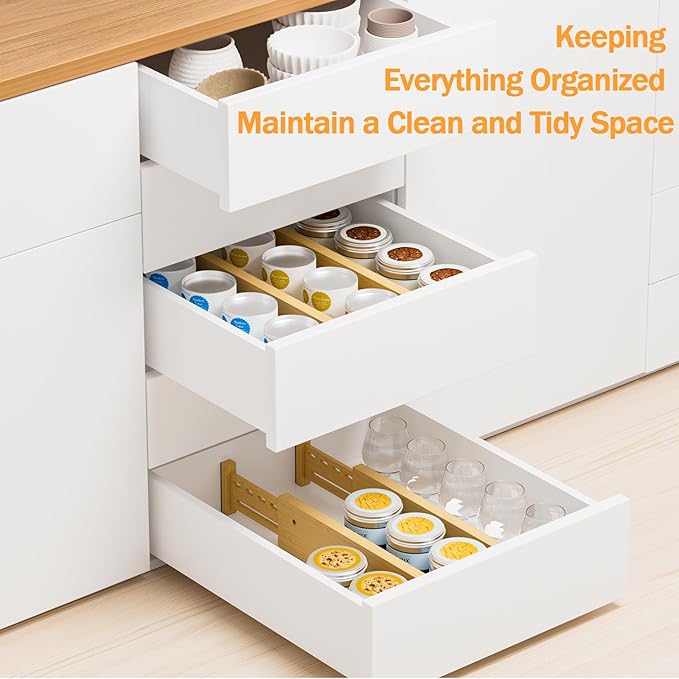 Bamboo Drawer Dividers 4" High, 16.5-22" Adjustable Drawer Organizers for Clothes,Expandable Dresser Separators in Bedroom/Kitchen/Bathroom/Office Organization and Storage,2 Pack