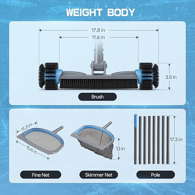 UIRWAY 4-in-1 Deluxe Swimming Pool Cleaning Kit - Includes Detachable Pool Brush, Heavy Duty Deep Leaf Skimmer Net, Fine Mesh Net, Extendable Aluminum Pole for Inground & Above Ground Pools Cleaning