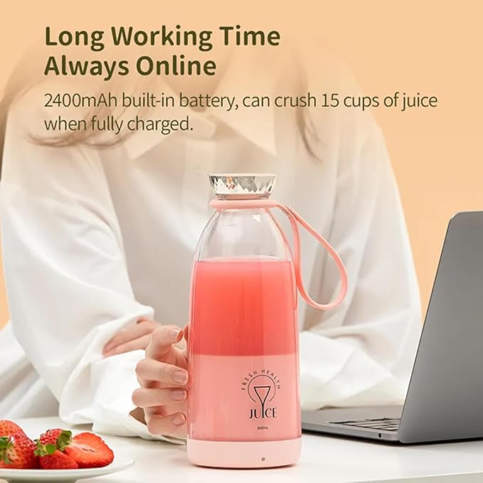 Portable Blender, Personal Smoothie Maker with 6 Blades, Rechargeable Mini Juicer Cup, 17 oz with Travel Lid for Outdoors, Camping, Office, Kitchen (White)