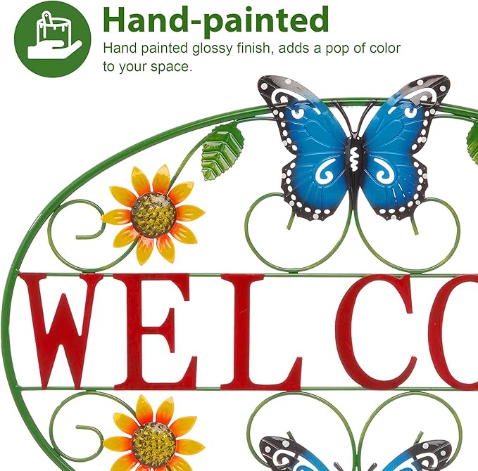 Glitzhome Metal Welcome Wall Decor - Outdoor/Indoor Vibrant Sunflower & Butterfly Garden Art for Porch Patio Yard