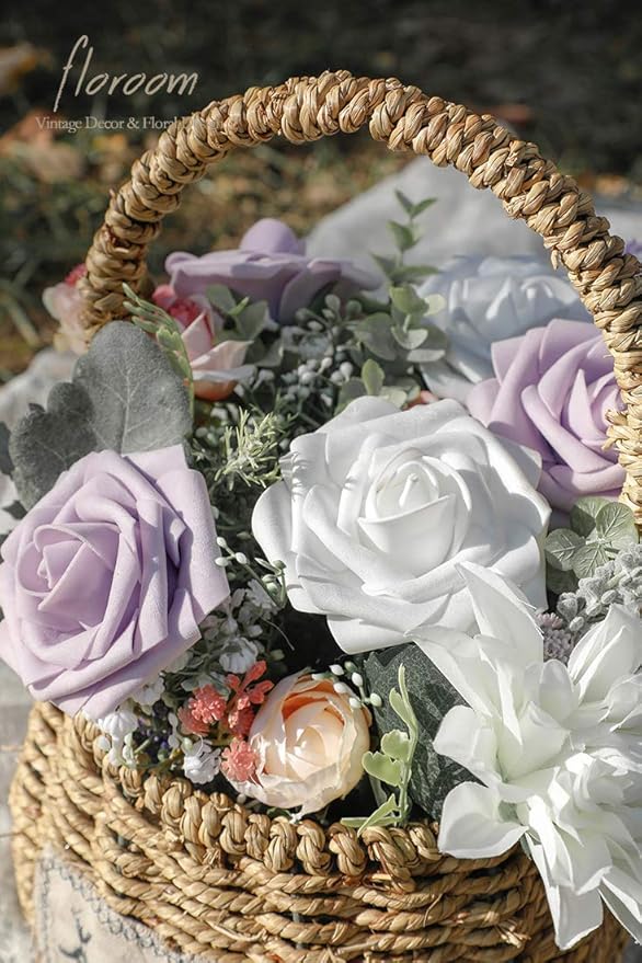 Floroom Artificial Flowers 50pcs Real Looking Lilac Foam Fake Roses with Stems for DIY Wedding Bouquets Baby Shower Centerpieces Floral Arrangements Party Tables Home Decorations
