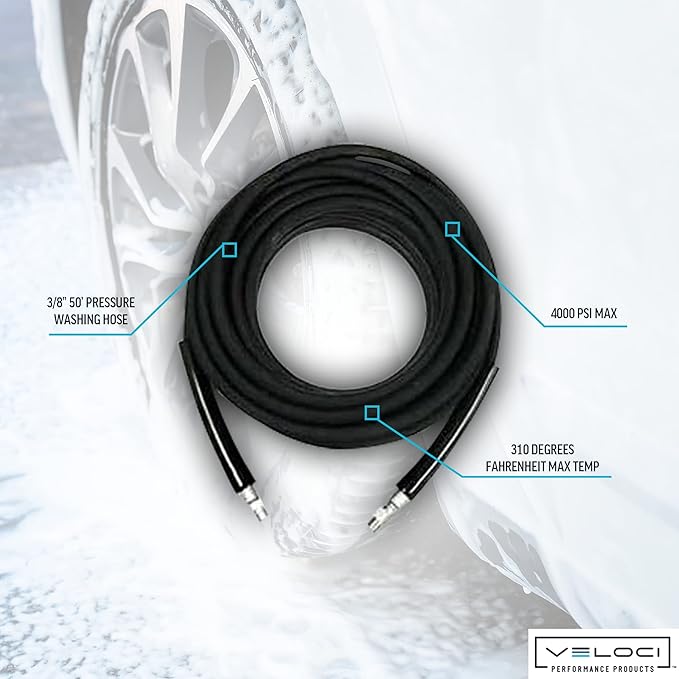 MTM Hydro Kobrajet High Pressure Washer Hose 3/8” 4000 PSI 50’ for Car Wash and Detailing, Pressure Washer Accessories, Black Commercial Grade
