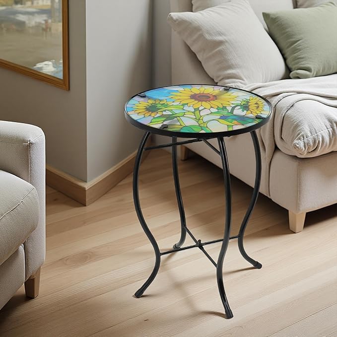 Small Side Table with Metal Frame, 10.5" Round Side Tables with Sunflower Pattern,Outdoor Table for Balcony,Terrace,Garden,Living Room