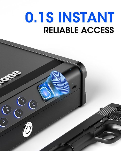 Glimstone Gun Safe, Biometric Gun Safe for Pistols, Easy Edition, 3 Ways Quick Access With Fingerprint/Digital Keypad/Key, Smart Handgun Safe for Home Bedside Nightstand Car