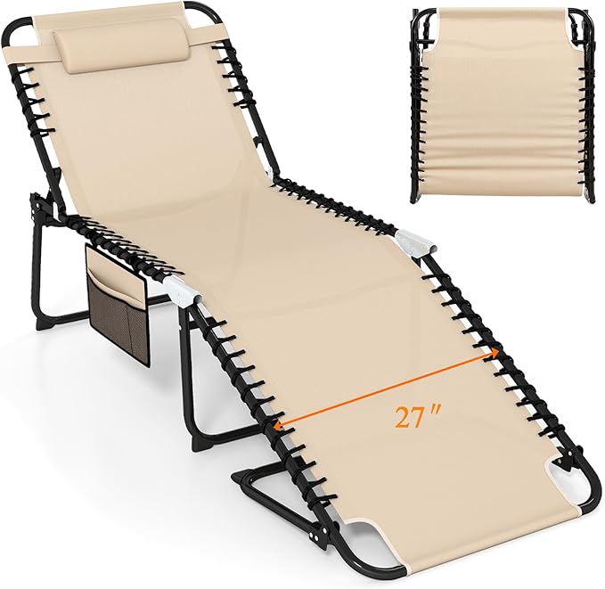 Goplus Extra Large Lounge Chair Outdoor, 27” Wide Folding 5-Position Tanning Chair with Detachable Pillow, Side Pocket, 16” High Chaise Lounger, 440LBS Capacity, Patio Lounge Chair for Yard Pool Yard