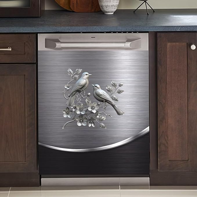 Grey Metal Silver Pattern,Dishwasher Cover Sheet, Magnetic Bird Flower Polishing Steelbird Dishwasher Skin Decor, Silver Texture, 23X17 INCH Magnet Rerigerator Wrap, Kitchen Panel Full Decal