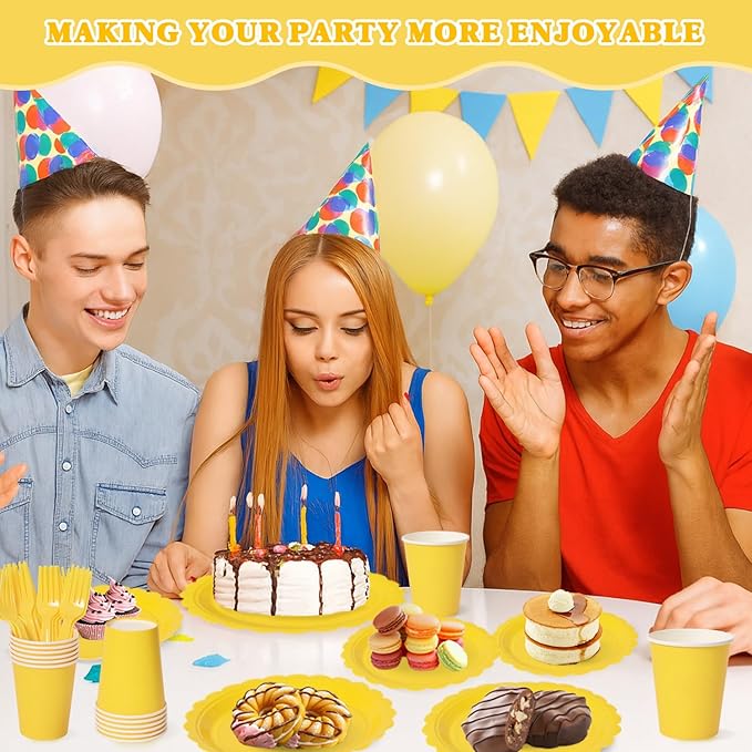 Vyntra 350 PCS Disposable Plates for Party, Paper Plates & Napkins Set with Cups, Knives, Forks, Spoons, 7'' Dessert and 9'' Dinner Plates for Birthday, Picnic, BBQ - Yellow
