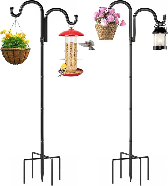 Double Shepherds Hooks for Outdoor, 76" Heavy Duty Bird Feeder Pole with 5 Prong Base, Adjustable Shepherds Hook for Bird feeders Outside, Garden, Weddings, Hanging Plants, 2 Pack, Black