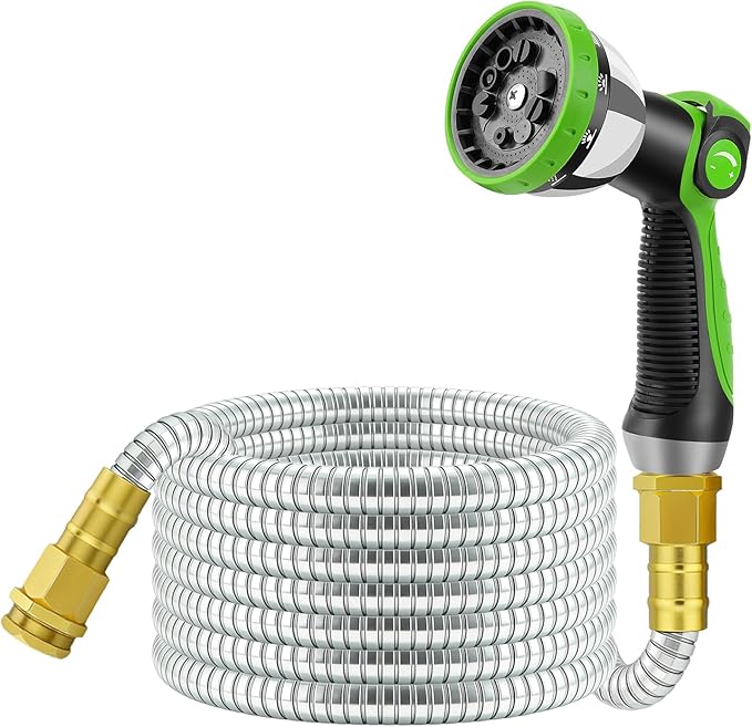 25 FT Stainless Steel Garden Hose with 10-Function Spray Nozzle, Kink-Free Flexible Metal Water Hose, Solid Brass 3/4'' Connectors, Heavy Duty, Durable, Leak-Proof, Lightweight, Tangle-Free