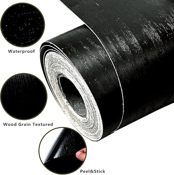 DESOMINOR 27FT Black Border Peel &Stick Black Wood Grain Wallpaper Border