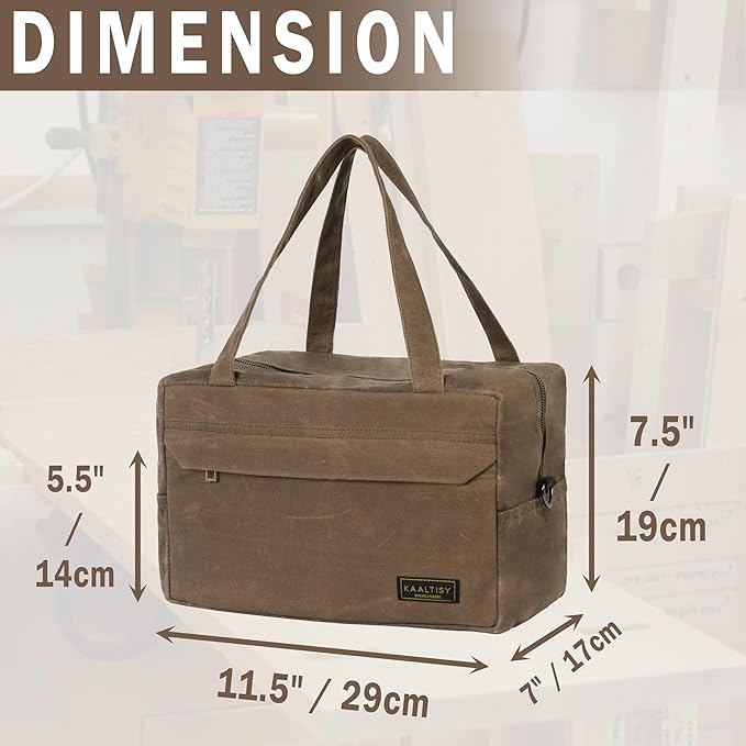 Tool Storage Bag | 16OZ Waxed Canvas Tool Tote Bag with Convenient Handle & Smooth Zipper - for Wrench Set Hammer Pliers, Multi-Purpose Gardening Carrier Bag with 6 Pockets | Grey | Small