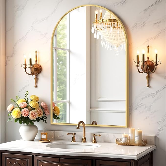 Bathroom Mirror for Wall, 36x24 Inch Arched Mirror, Matte Gold Metal Framed