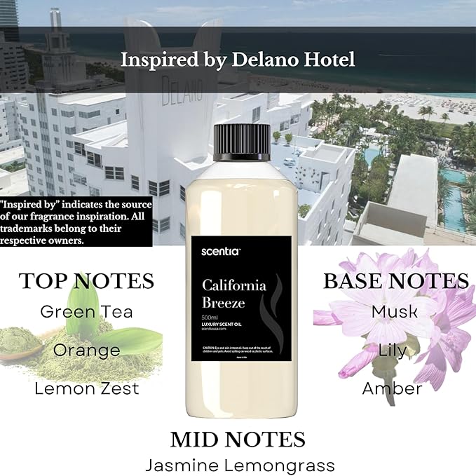 Hotel Diffuser Oil Inspired by The Delano Beach Club Hotel Scent - 50 mL 1.69 fl oz - Fragrance Oil Blend Orange, Green Tea & Jasmine for Aromatherapy Diffusers - California Breeze