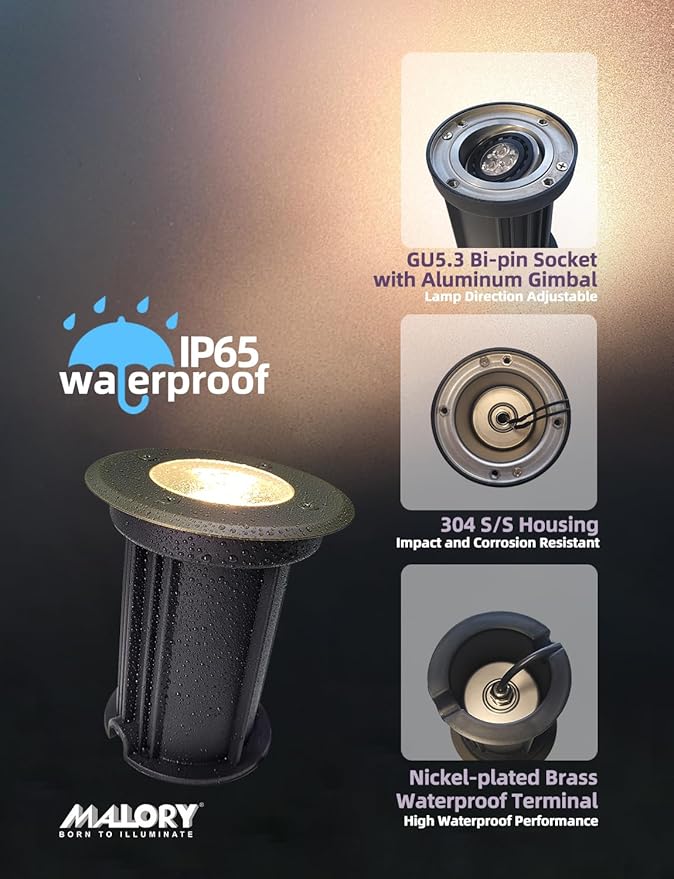MALORY Brass Top Cover Landscape Well Lights, 12V Low Voltage Outdoor In Ground Lights,Landscape Lighting for Pathway, Driveway and Garden (Open Top, 4-Pack with Bulb)
